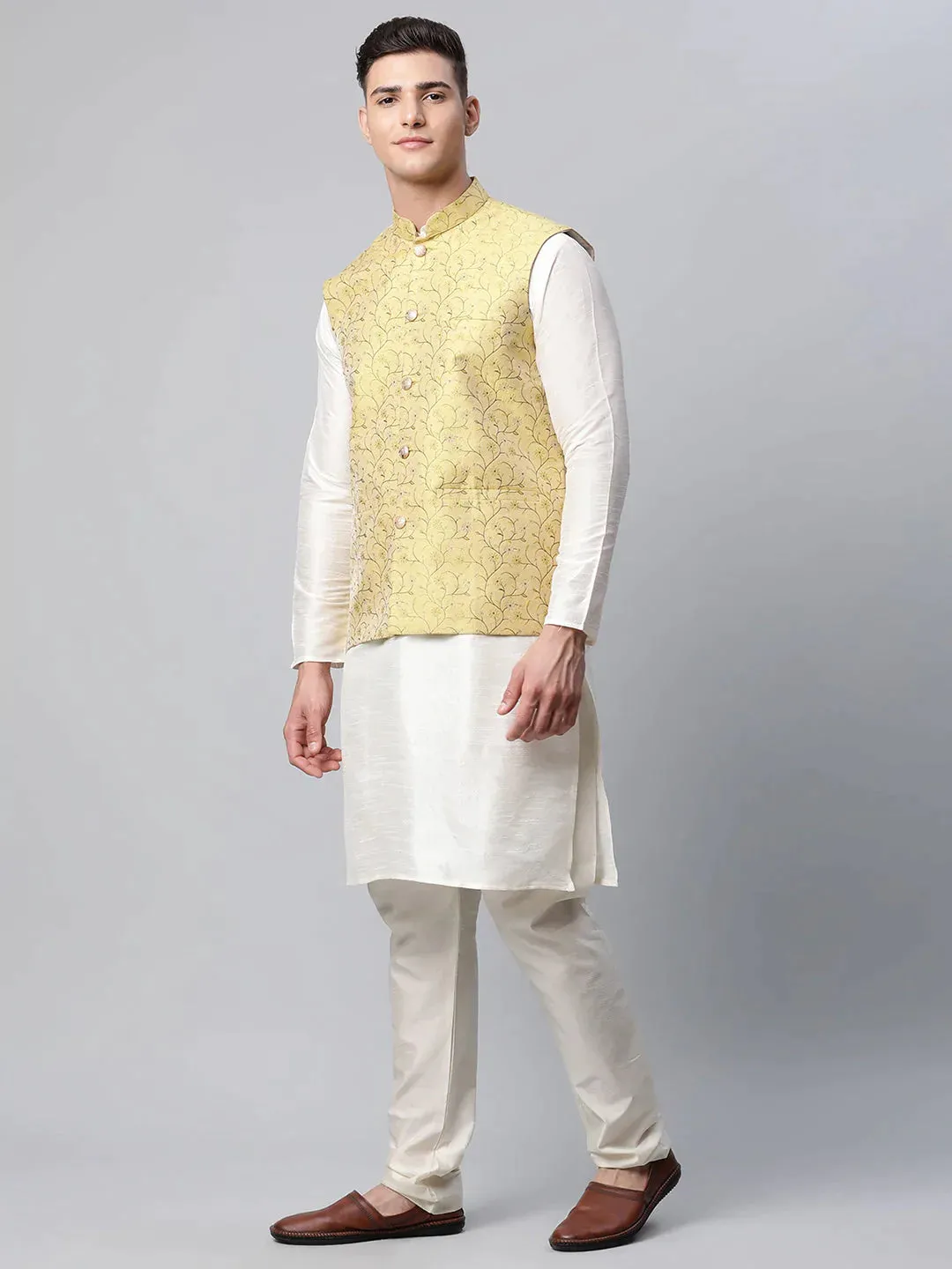 Men Dupion Silk Kurta Pyjama With Lemon Printed Nehru Jacket