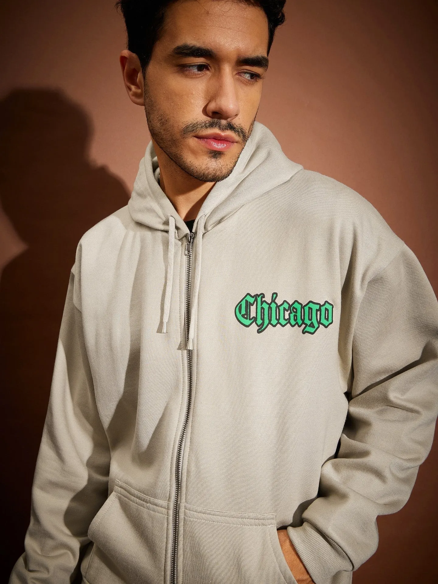 Men Taupe CHICAGO Oversized Zipper Hoodie Sweatshirt With Joggers