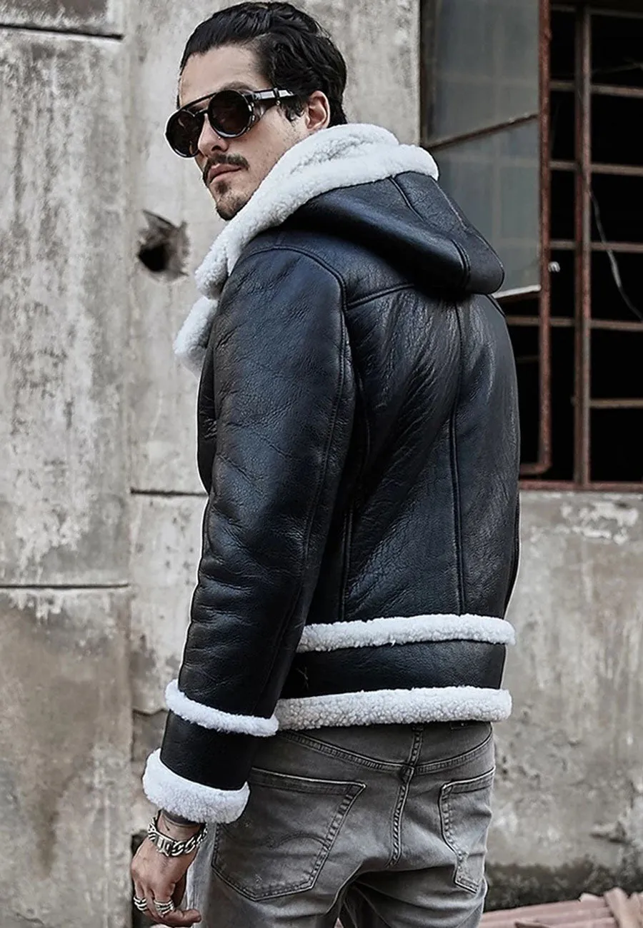 Men’s Aviator Removable Hood Black Leather White Shearling Jacket