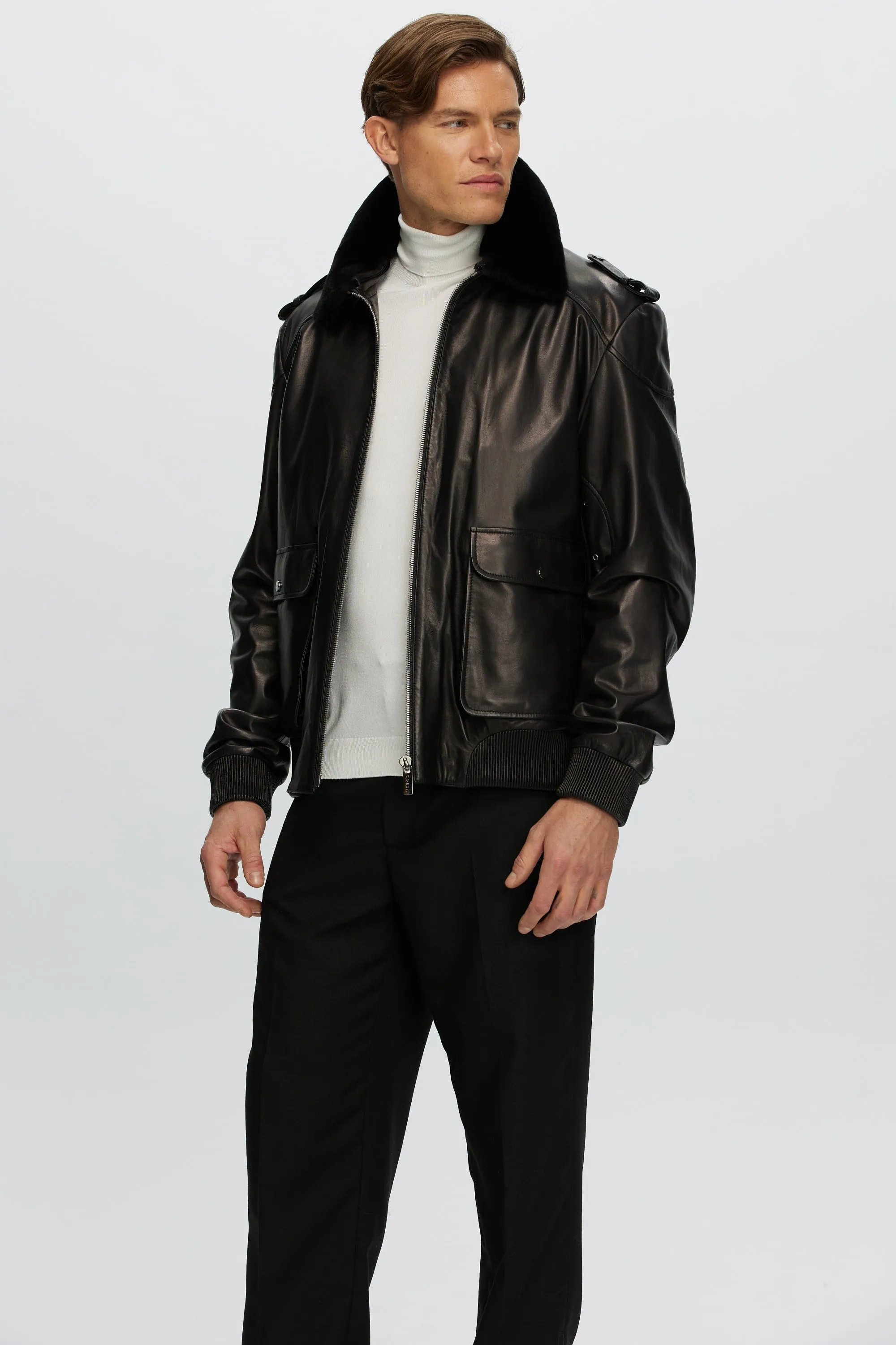 Men's Leather Jacket with Detachable Shearling Lamb Collar