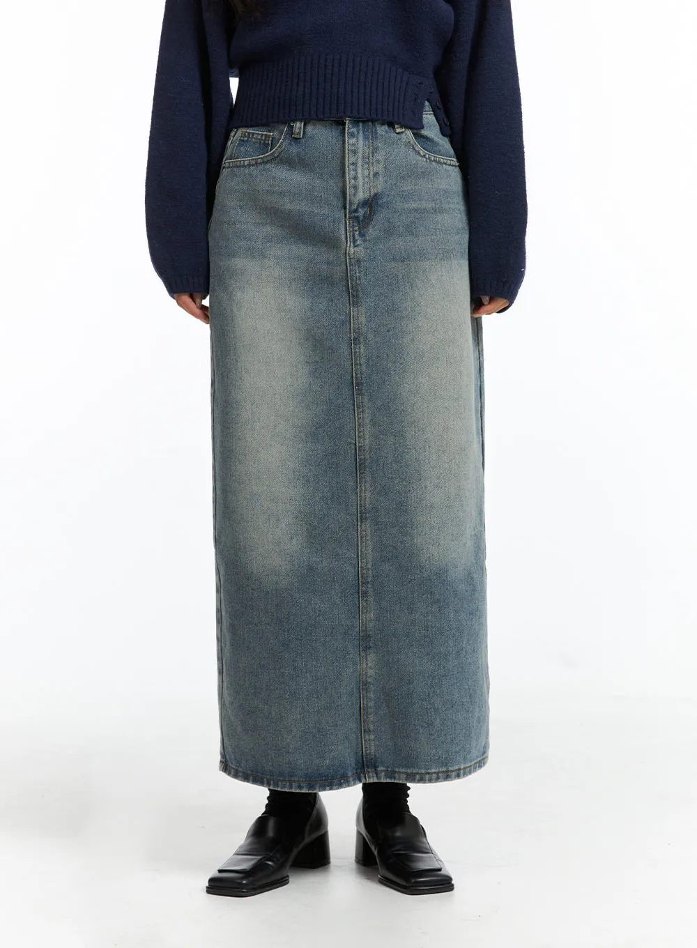 Mid Waist Solid Button Washed Denim Maxi Skirt OJ411