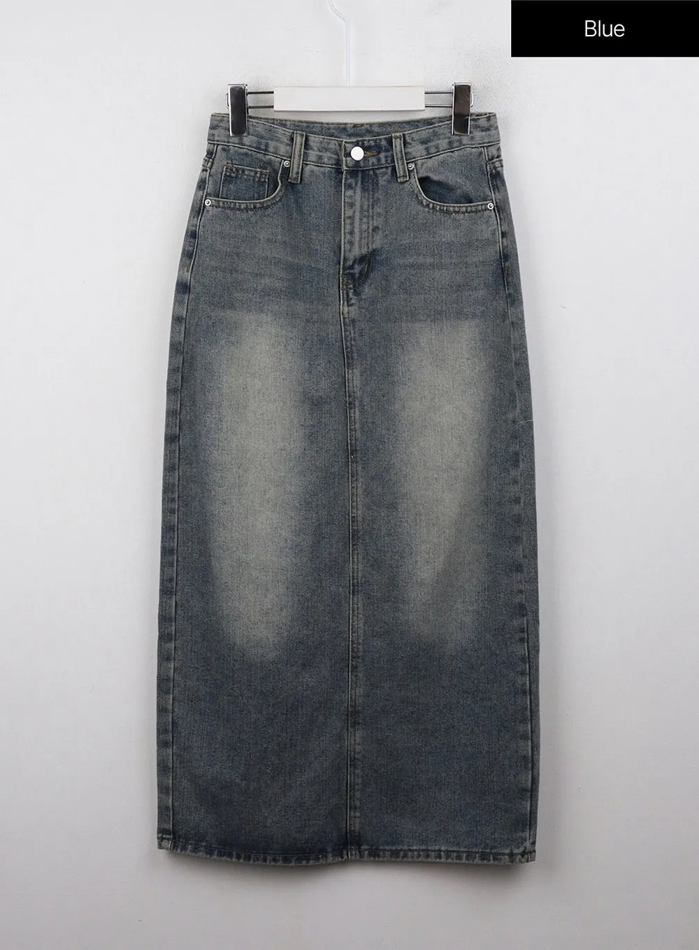 Mid Waist Solid Button Washed Denim Maxi Skirt OJ411