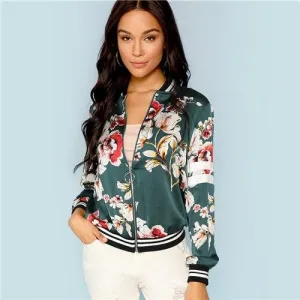 Multi-color Zip Up Floral Bomber Jacket