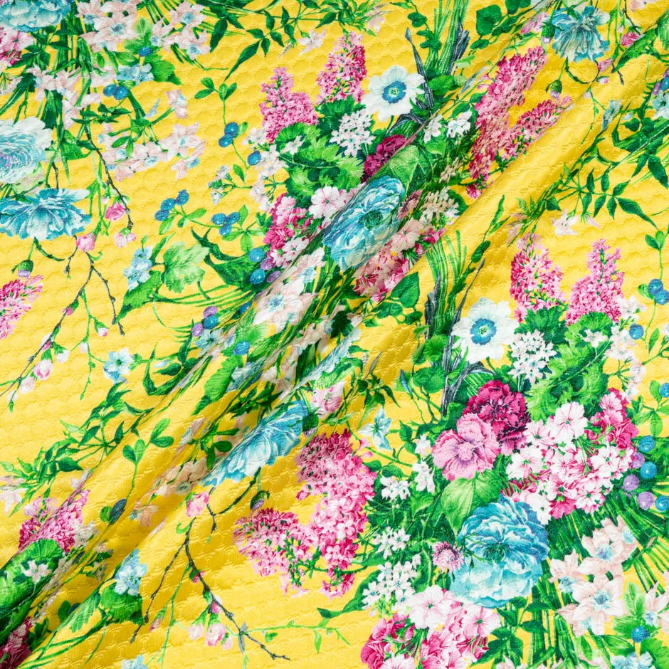 Multi Floral Printed Bright Yellow Cotton Blend Cloqué