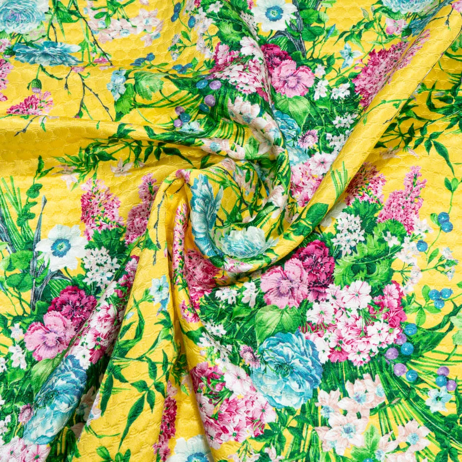 Multi Floral Printed Bright Yellow Cotton Blend Cloqué