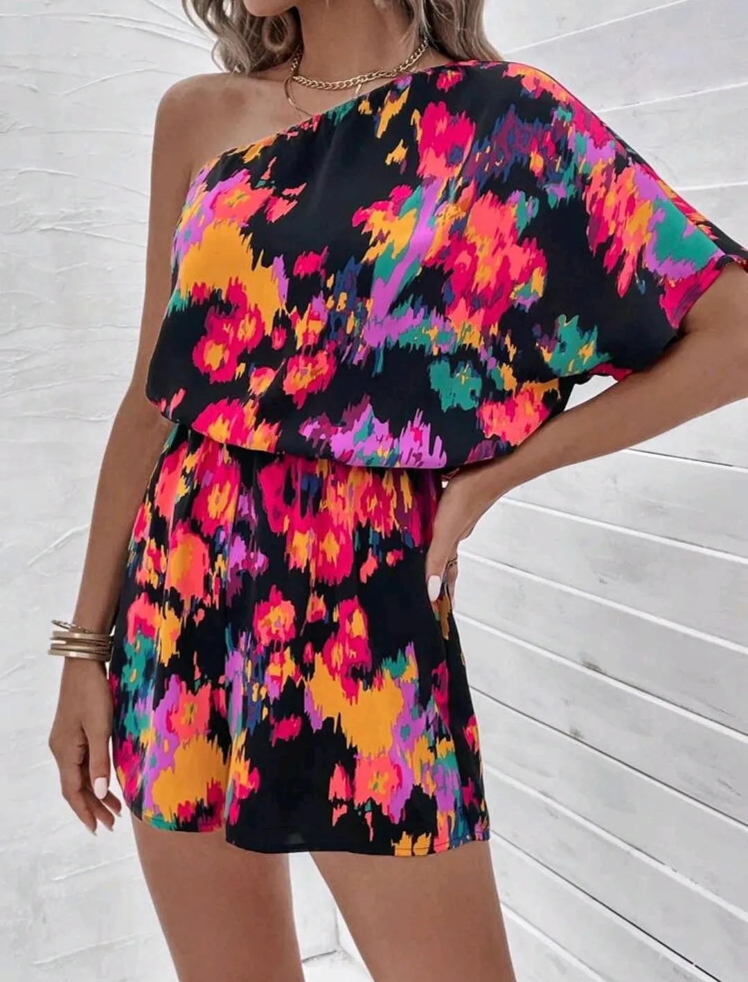 Multicolour One Shoulder Batwing Romper