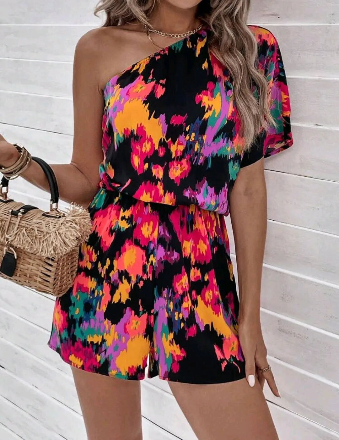 Multicolour One Shoulder Batwing Romper