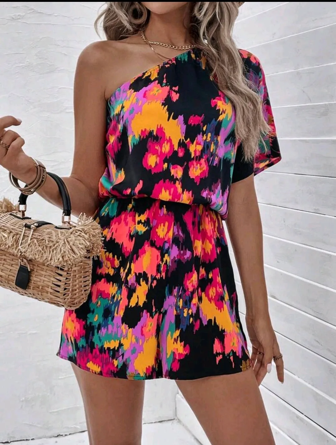 Multicolour One Shoulder Batwing Romper