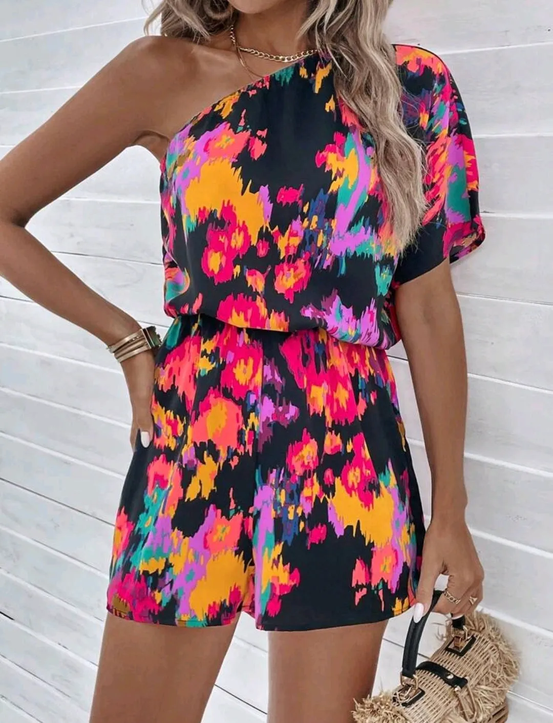 Multicolour One Shoulder Batwing Romper