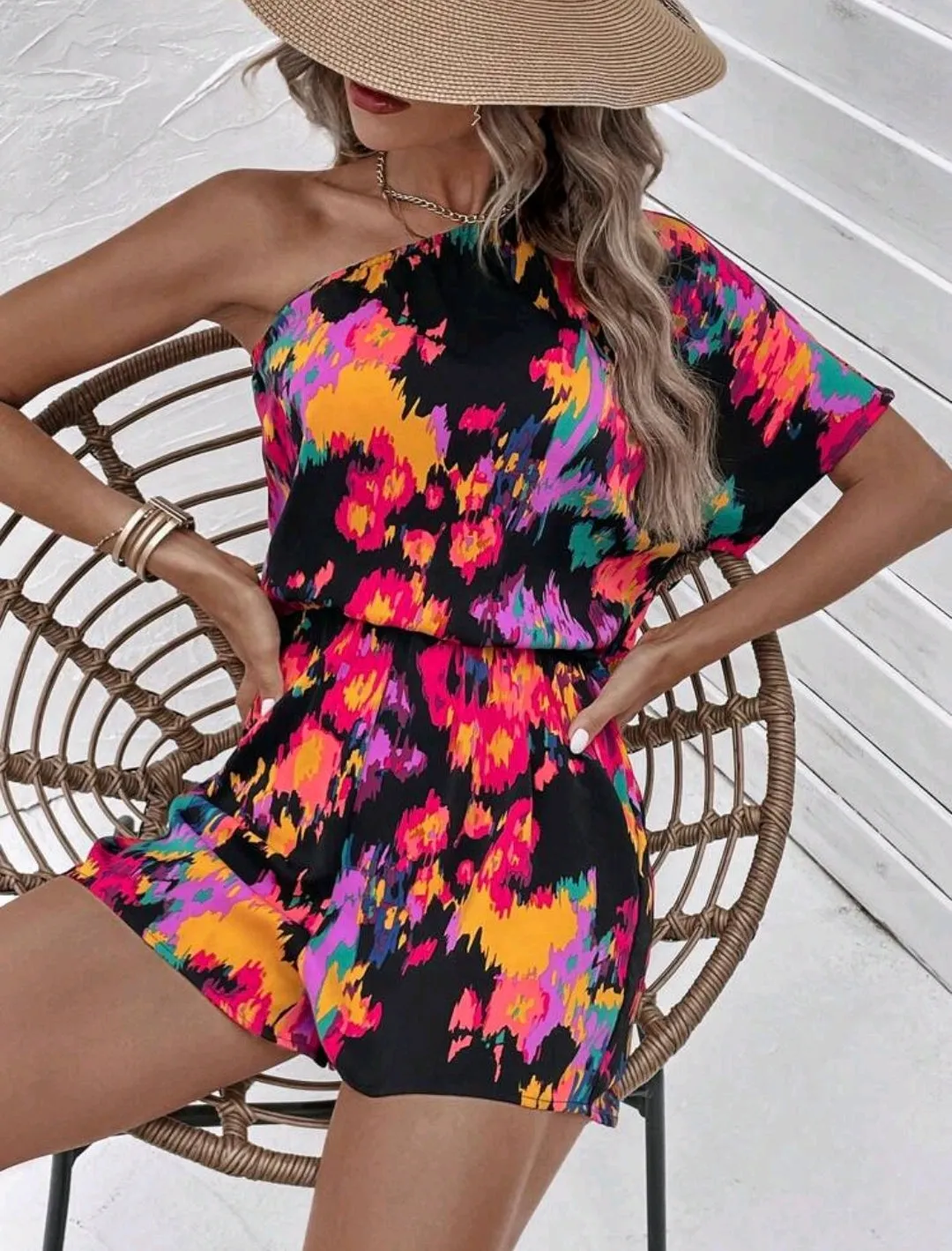 Multicolour One Shoulder Batwing Romper