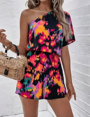 Multicolour One Shoulder Batwing Romper