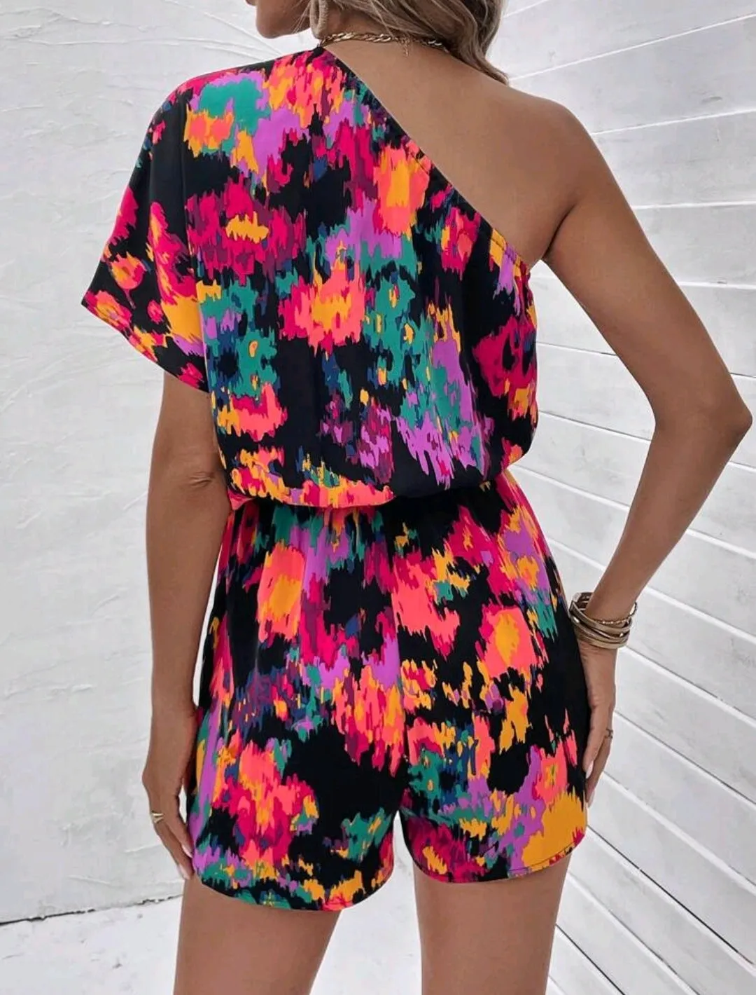 Multicolour One Shoulder Batwing Romper