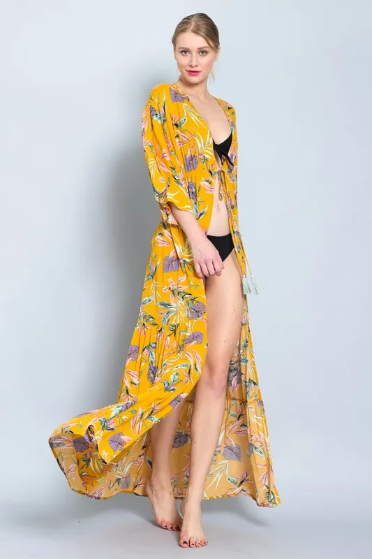 Mustard Floral Maxi Long Kimono Crepe Coverup Wrap Cardigan Womens