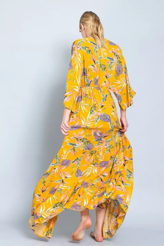 Mustard Floral Maxi Long Kimono Crepe Coverup Wrap Cardigan Womens