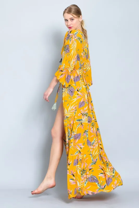 Mustard Floral Maxi Long Kimono Crepe Coverup Wrap Cardigan Womens