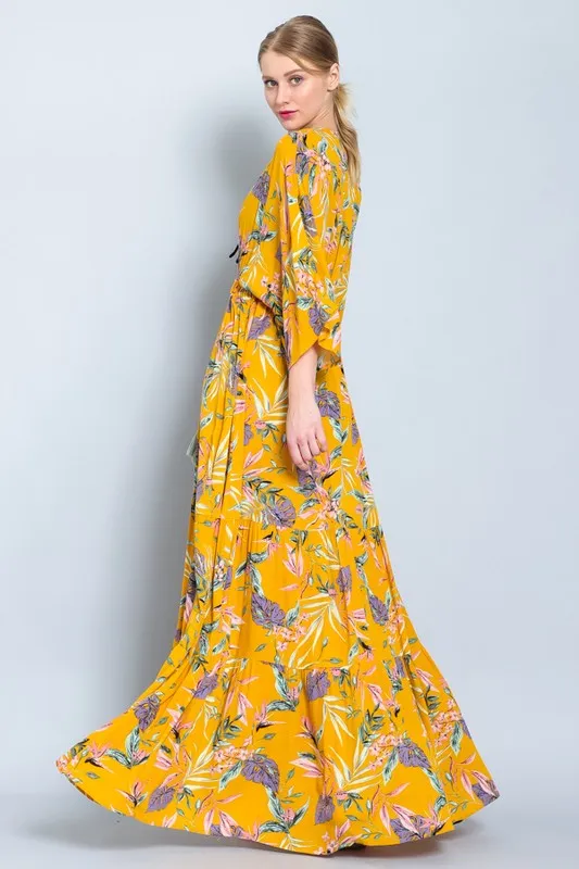 Mustard Floral Maxi Long Kimono Crepe Coverup Wrap Cardigan Womens