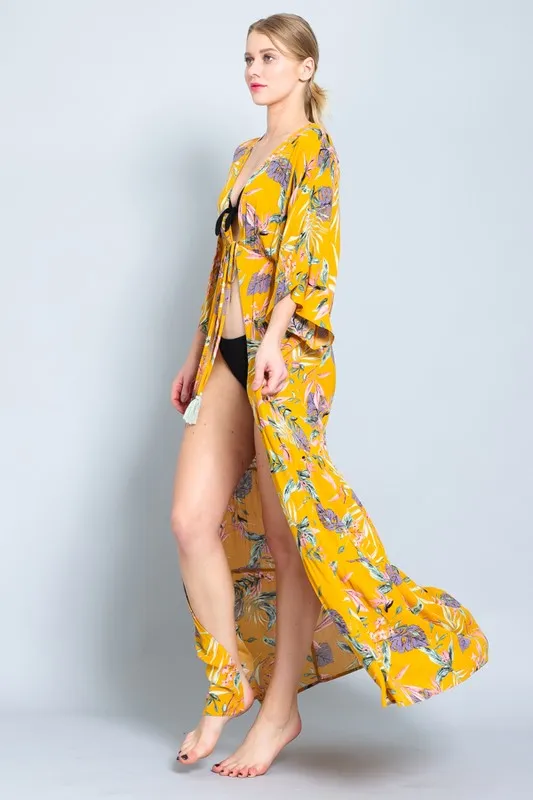 Mustard Floral Maxi Long Kimono Crepe Coverup Wrap Cardigan Womens