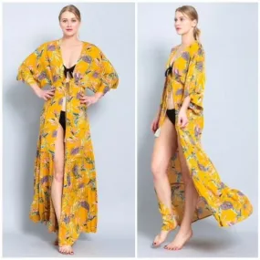 Mustard Floral Maxi Long Kimono Crepe Coverup Wrap Cardigan Womens