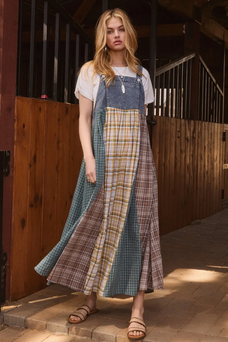 Oddi Denim and Mixed Plaid Overall Maxi Dress in Denim Combo ON ORDER