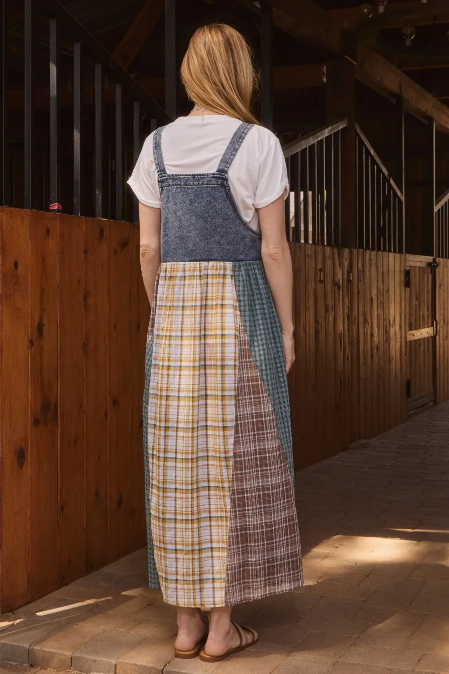 Oddi Denim and Mixed Plaid Overall Maxi Dress in Denim Combo ON ORDER