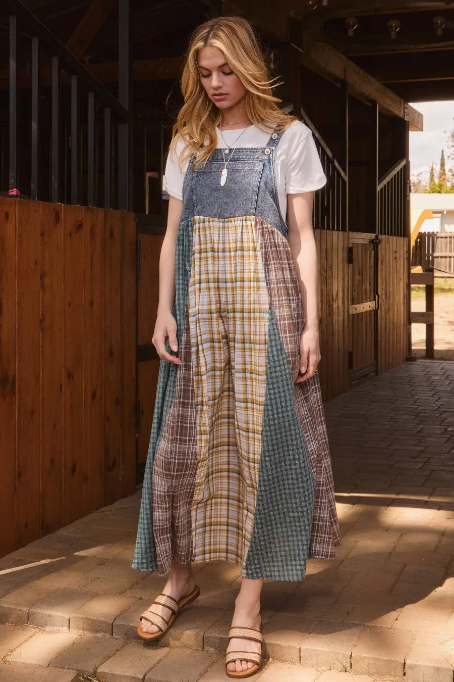 Oddi Denim and Mixed Plaid Overall Maxi Dress in Denim Combo ON ORDER