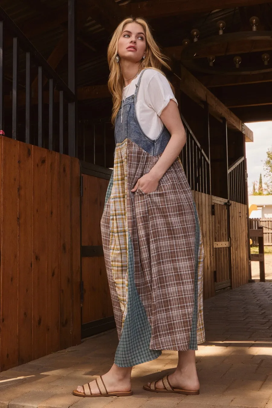 Oddi Denim and Mixed Plaid Overall Maxi Dress in Denim Combo ON ORDER