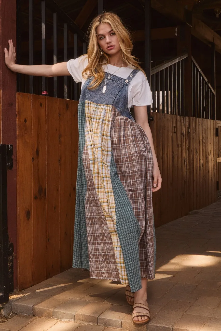 Oddi Denim and Mixed Plaid Overall Maxi Dress in Denim Combo ON ORDER