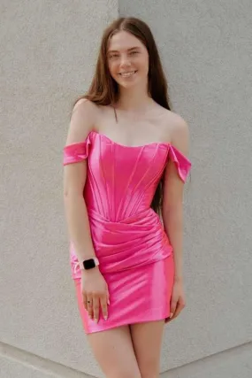 Off Shoulder Mermaid Hot Pink Prom Dress, Mermaid Hot Pink Homecoming Dress, Short Hot Pink Formal Graduation Evening Dress A1938