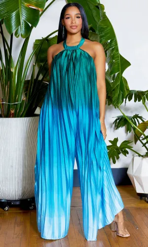 Ombre Pleated Halter Jumpsuit - Emerald Ombre