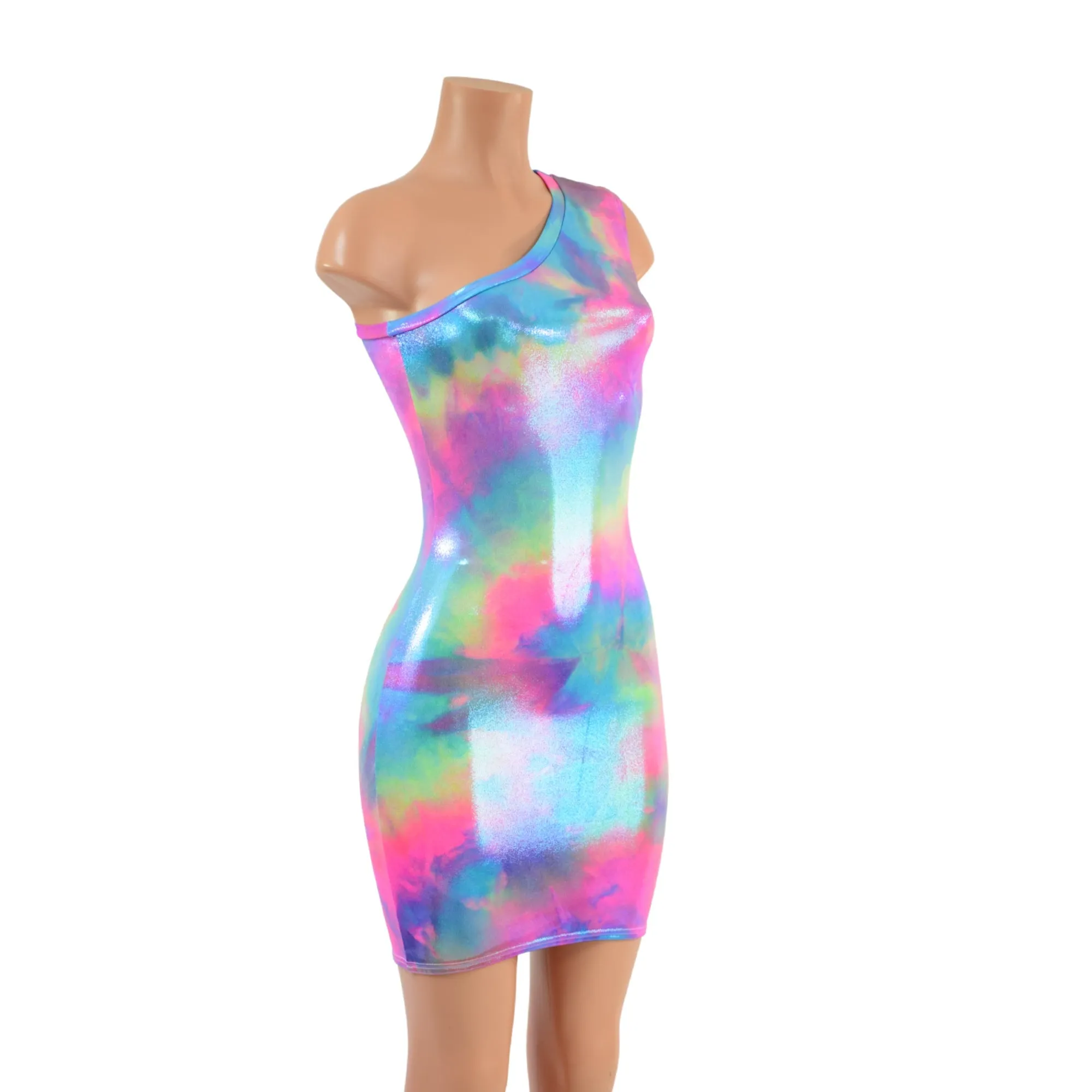 One Shoulder Sleeveless Bodycon Dress in UV Glow Cotton Candy