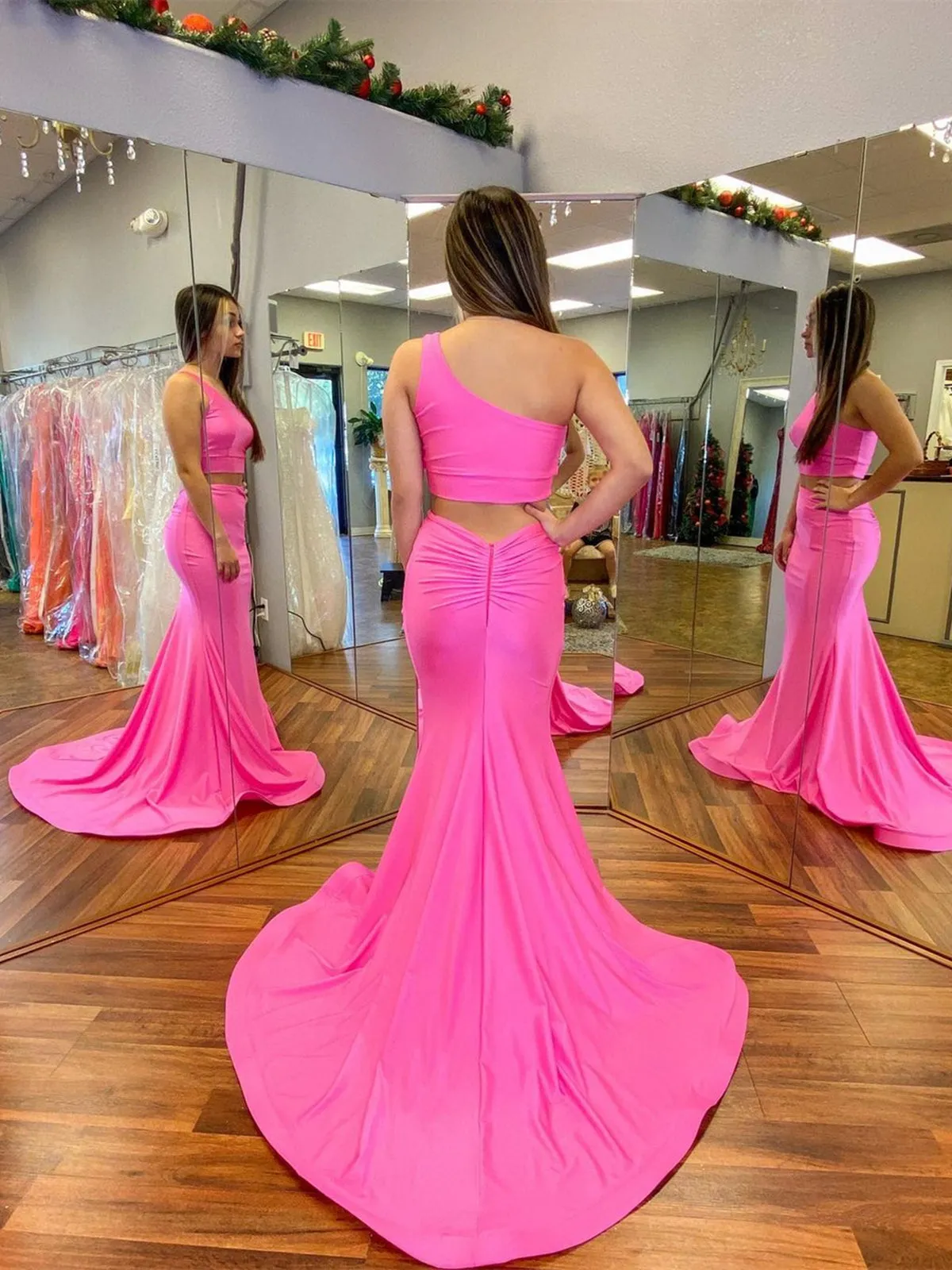 One Shoulder Two Pieces Pink Long Prom Dresses, 2 Pieces Pink Formal Graduation Evening Dresses