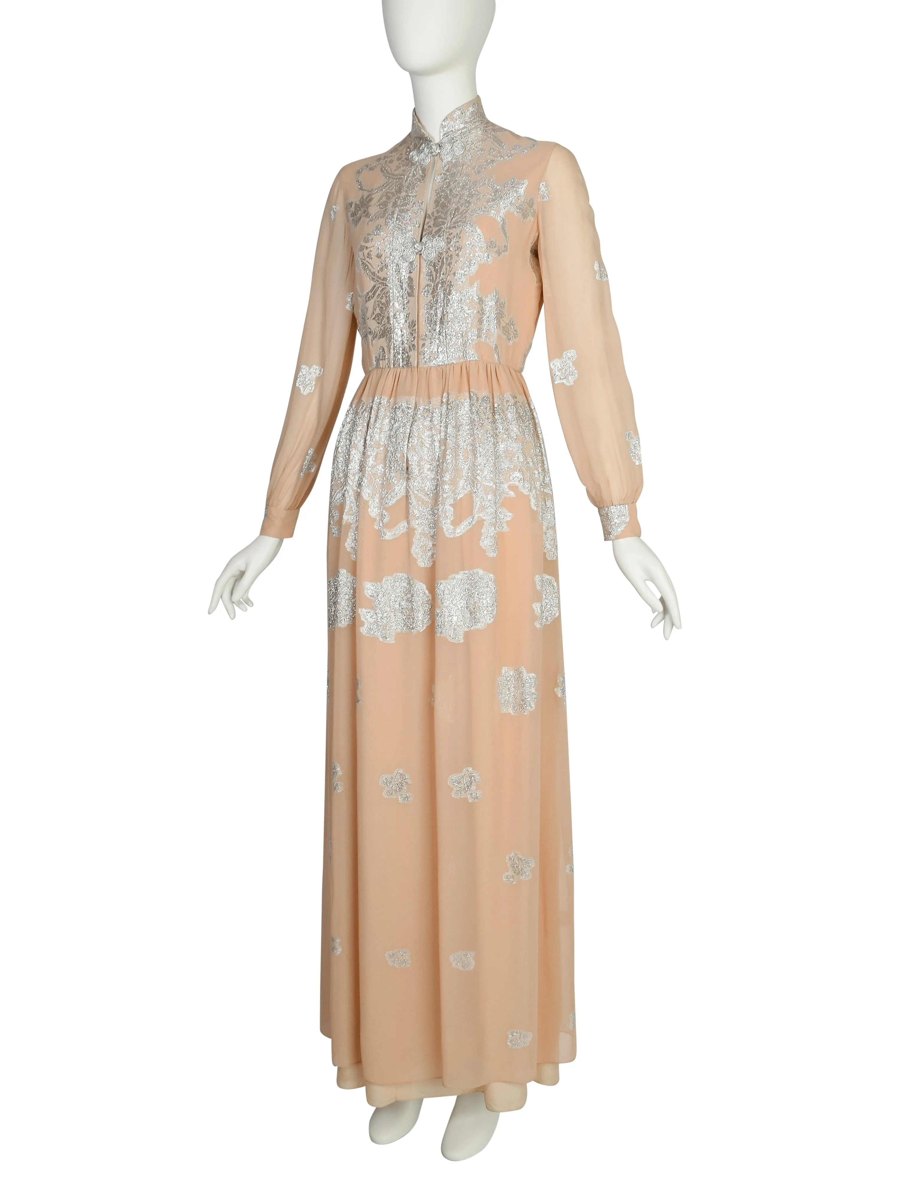 Oscar de la Renta Vintage 1960s Almond Silk Chiffon and Silver Lame Lurex Floral Maxi Dress