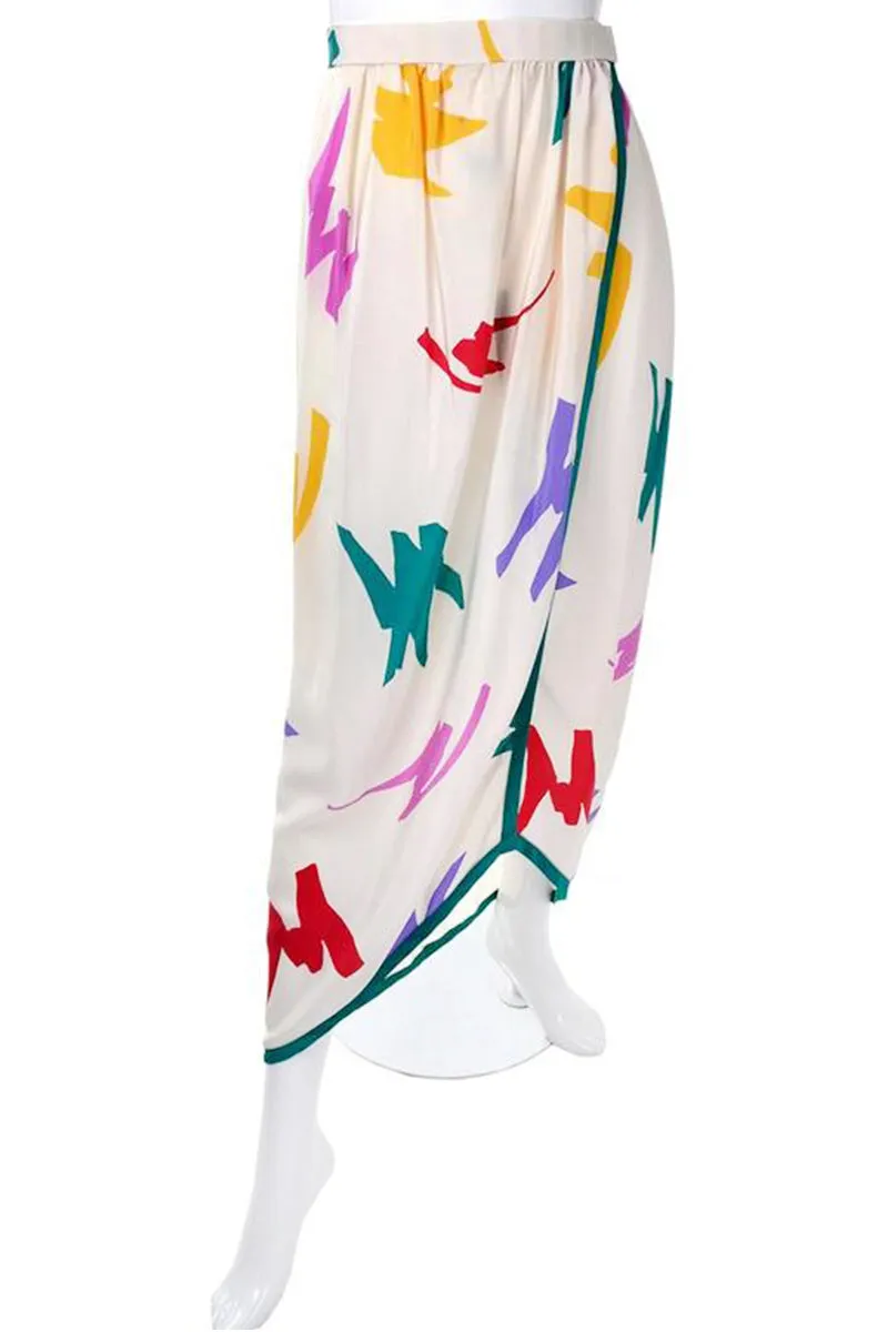 Oscar de la Renta Wrap Skirt w/ Abstract Jewel Tone Scribble Print on Ivory Silk