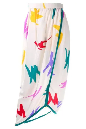 Oscar de la Renta Wrap Skirt w/ Abstract Jewel Tone Scribble Print on Ivory Silk