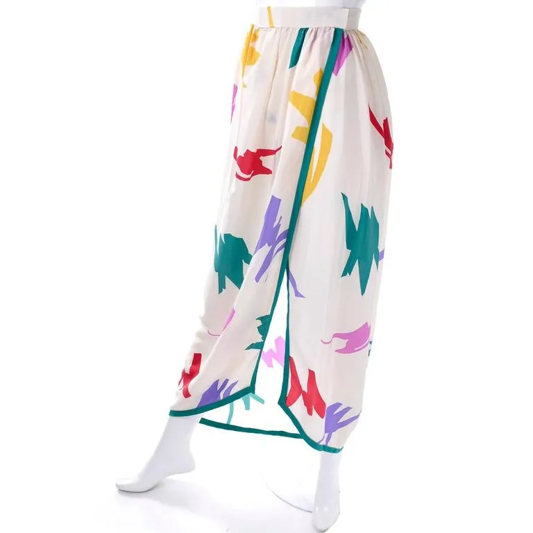 Oscar de la Renta Wrap Skirt w/ Abstract Jewel Tone Scribble Print on Ivory Silk