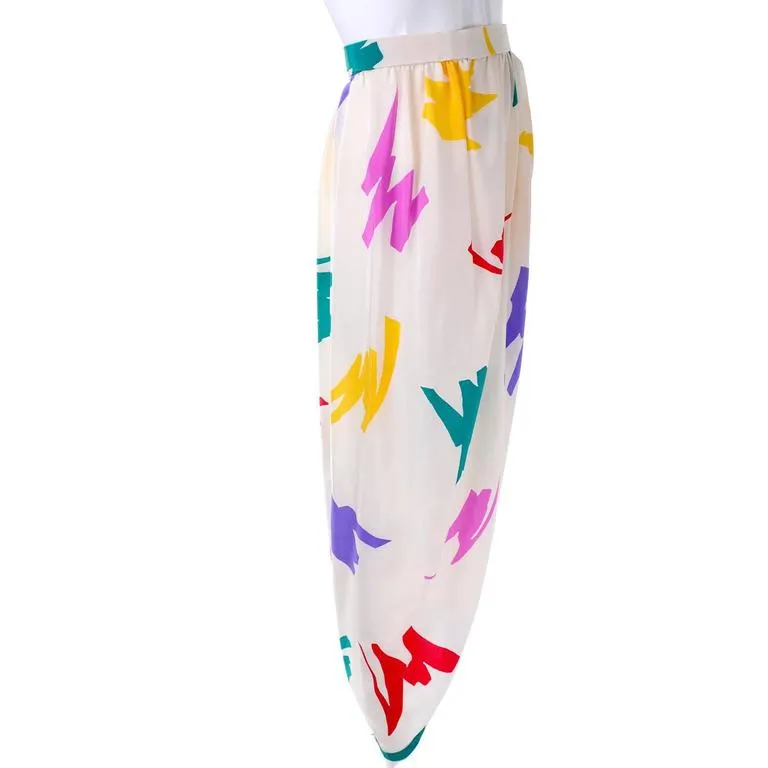 Oscar de la Renta Wrap Skirt w/ Abstract Jewel Tone Scribble Print on Ivory Silk