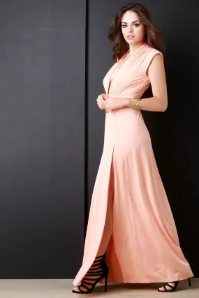 Plunging V Wide Shoulder High Slit Dress