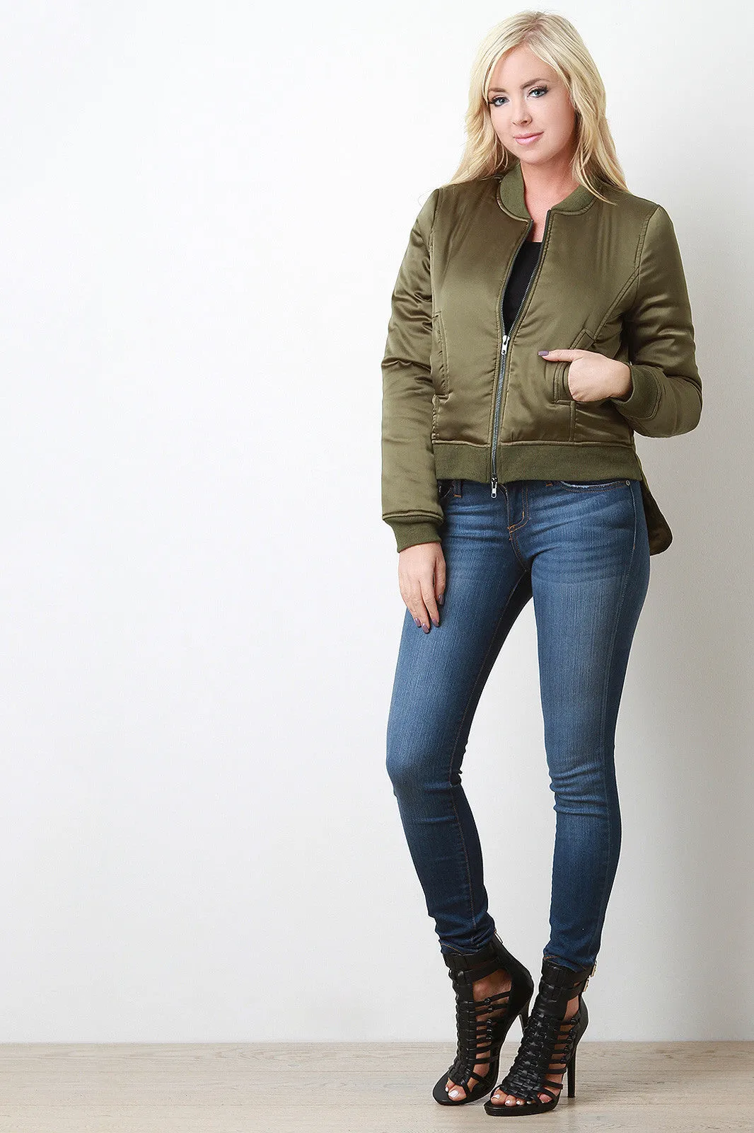 Puffy High-Low Bomber Jacket