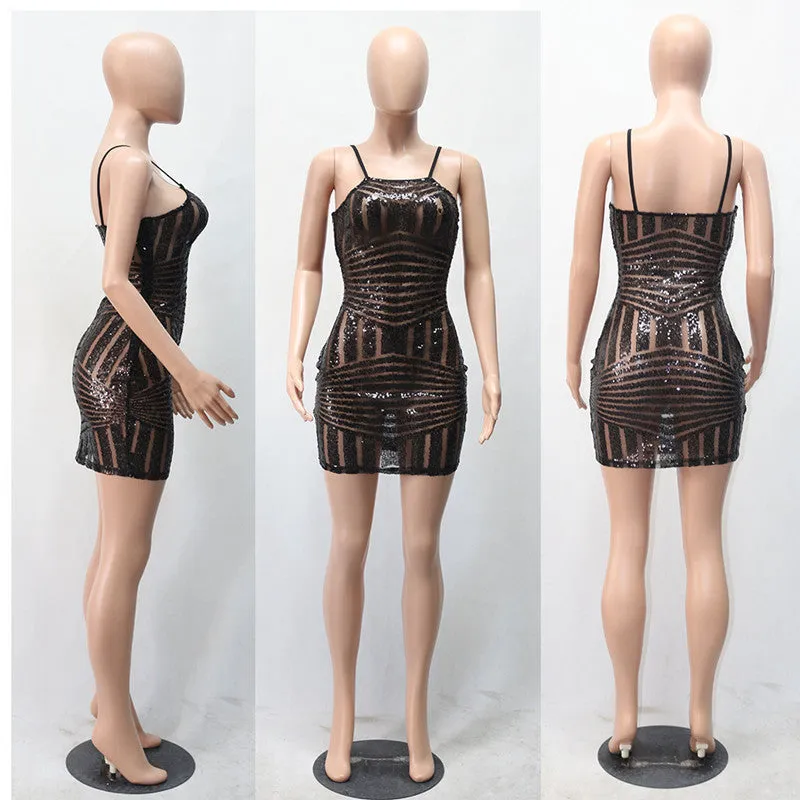 "Topshot" Sheer insert mini Glitter bodycon dress