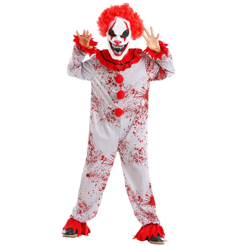 Red Blood Thriller Clown Cosplay Fear of Clowns Costume Halloween Scared Mask Jumpsuit