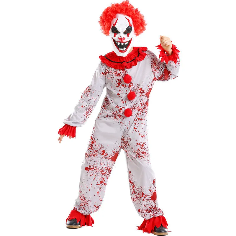 Red Blood Thriller Clown Cosplay Fear of Clowns Costume Halloween Scared Mask Jumpsuit