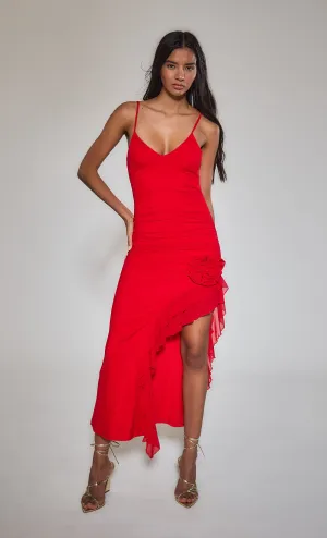 Red Corsage Ruffle Detail Maxi dress