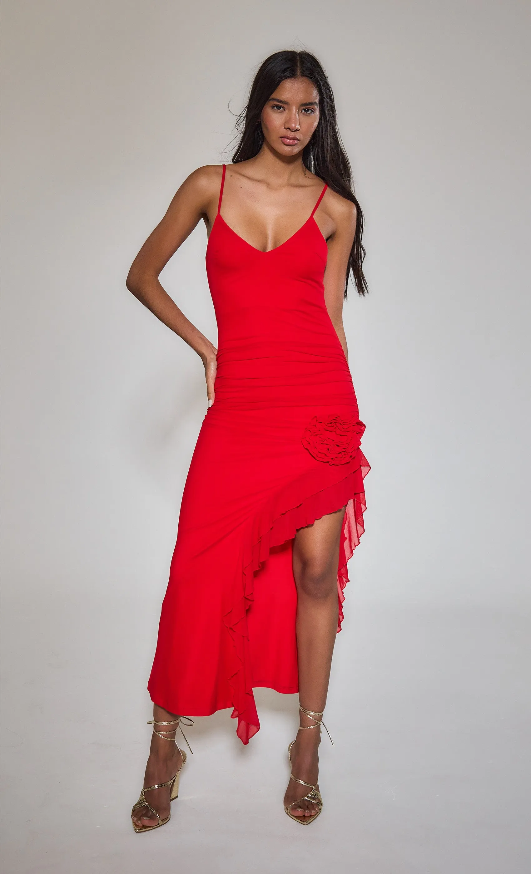 Red Corsage Ruffle Detail Maxi dress