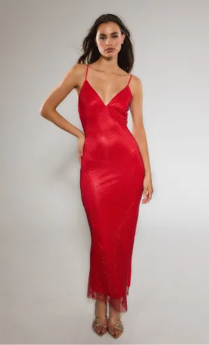 Red Diamante Mesh Maxi Dress