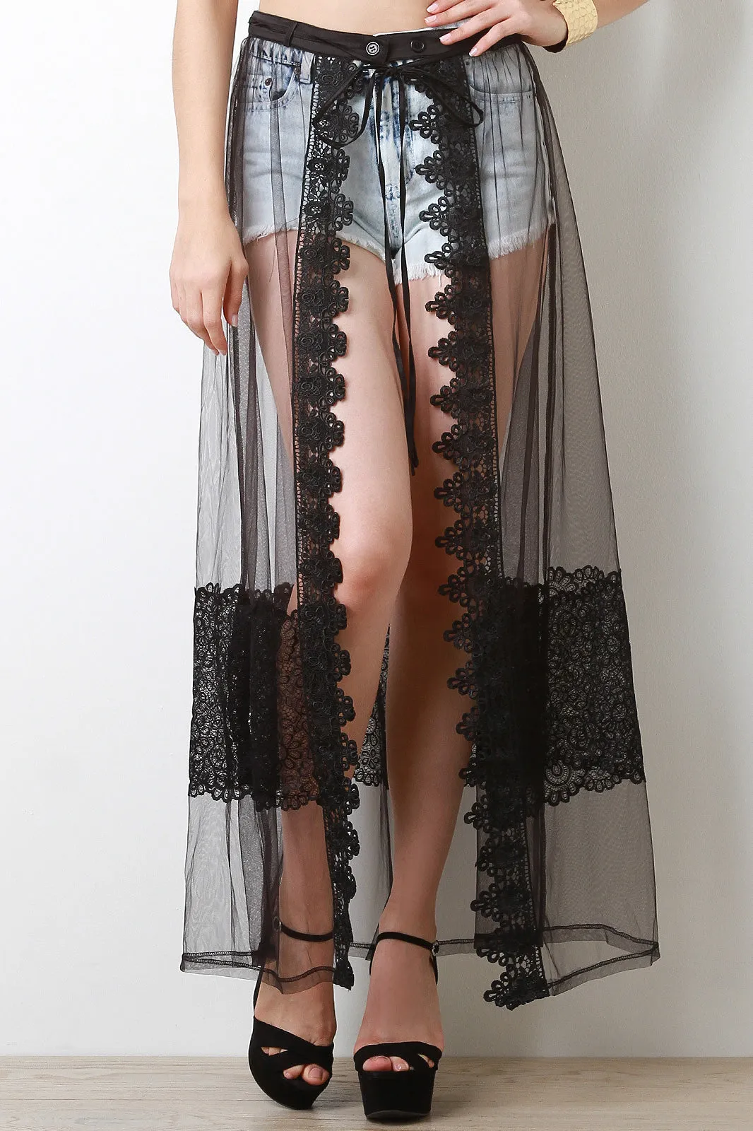 Scallop Lace Trimmed Mesh Cover-Up Maxi Skirt