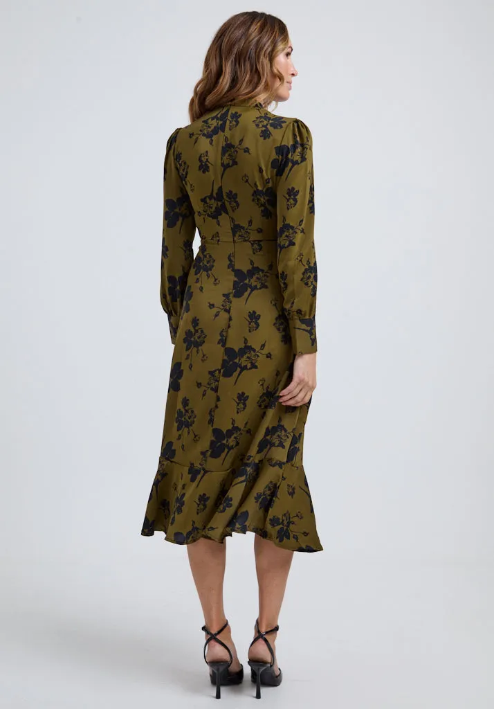 Scarlett High Neck Floral Print Midi Dress in Khaki