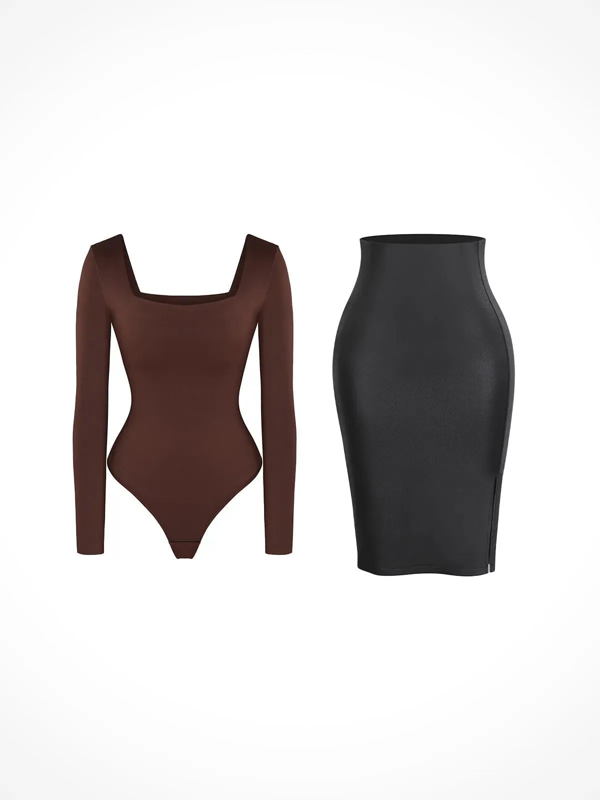 Shapewear Long Sleeve Sculpting Bodysuit Leather Midi Skirt Set