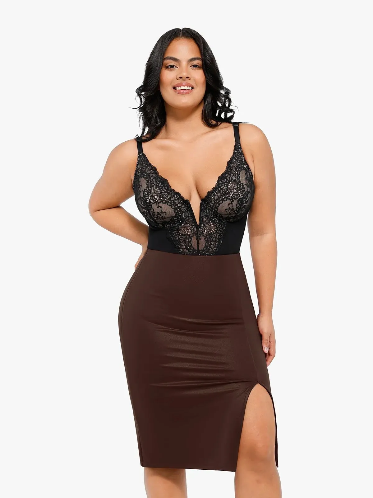 Shapewear Long Sleeve Sculpting Bodysuit Leather Midi Skirt Set