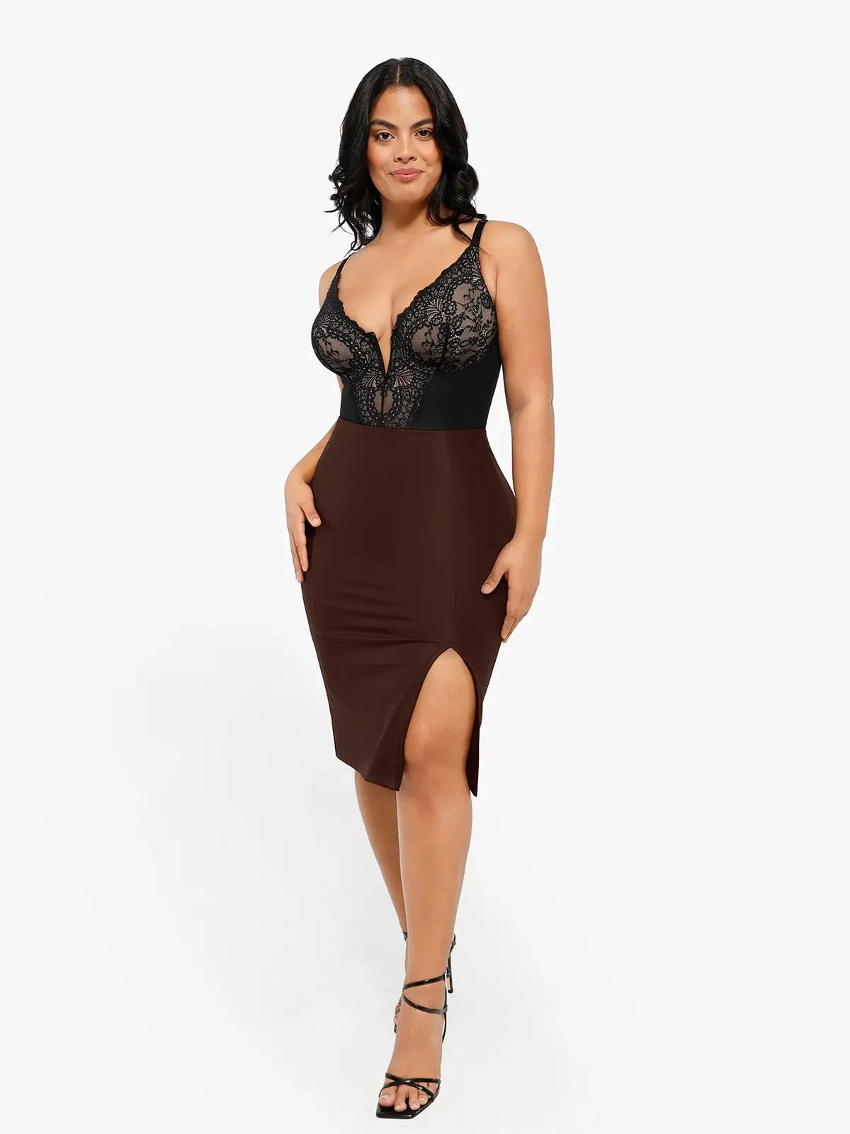 Shapewear Long Sleeve Sculpting Bodysuit Leather Midi Skirt Set