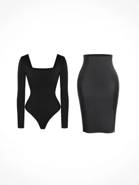 Shapewear Long Sleeve Sculpting Bodysuit Leather Midi Skirt Set